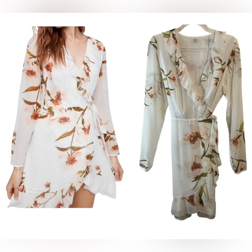 Aritzia Wilfred Louise Floral Long Sleeve V Neck True Wrap Ruffle Dress SZ L